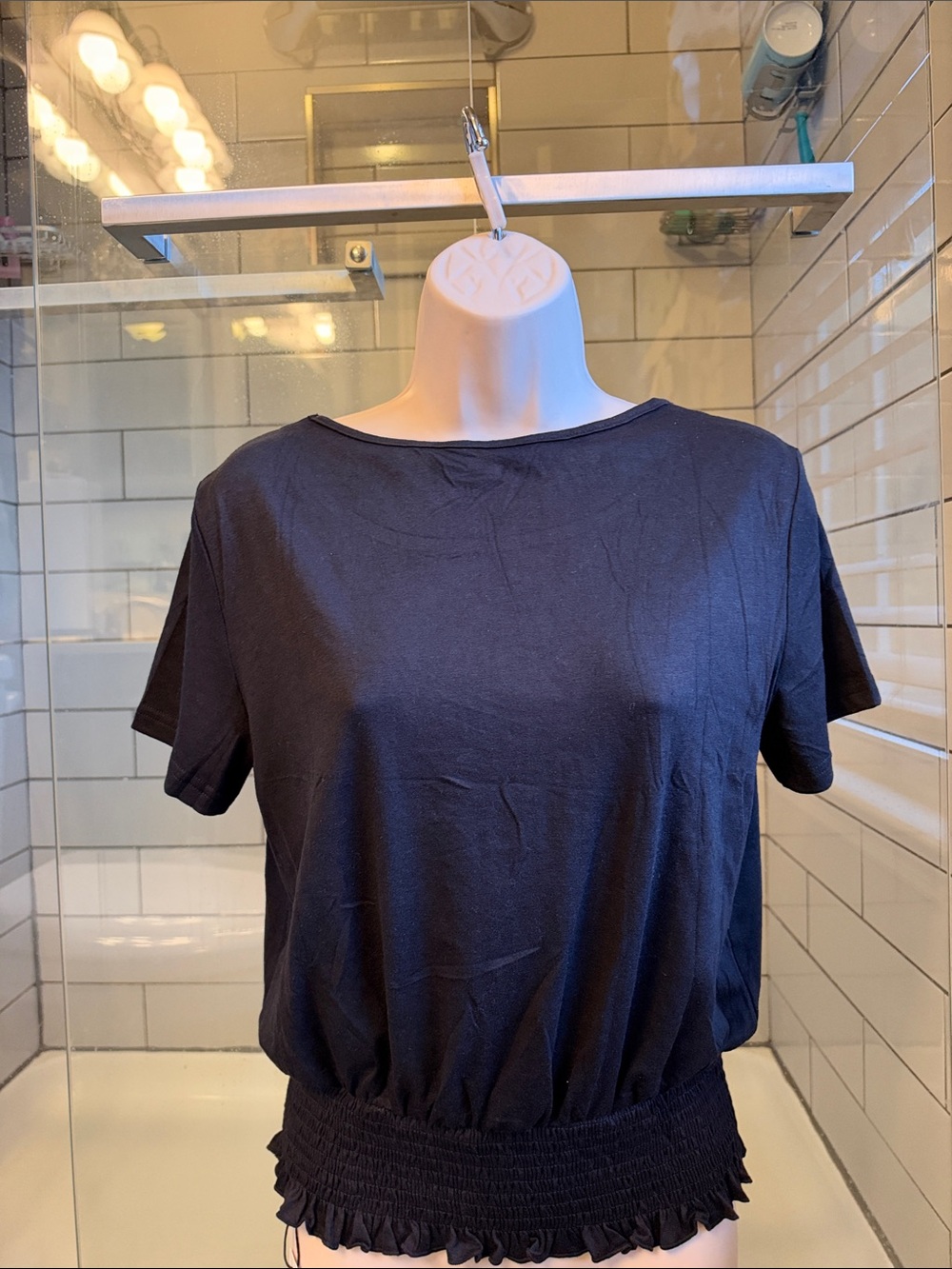 Black Short Sleeve Smocked-Hem Top